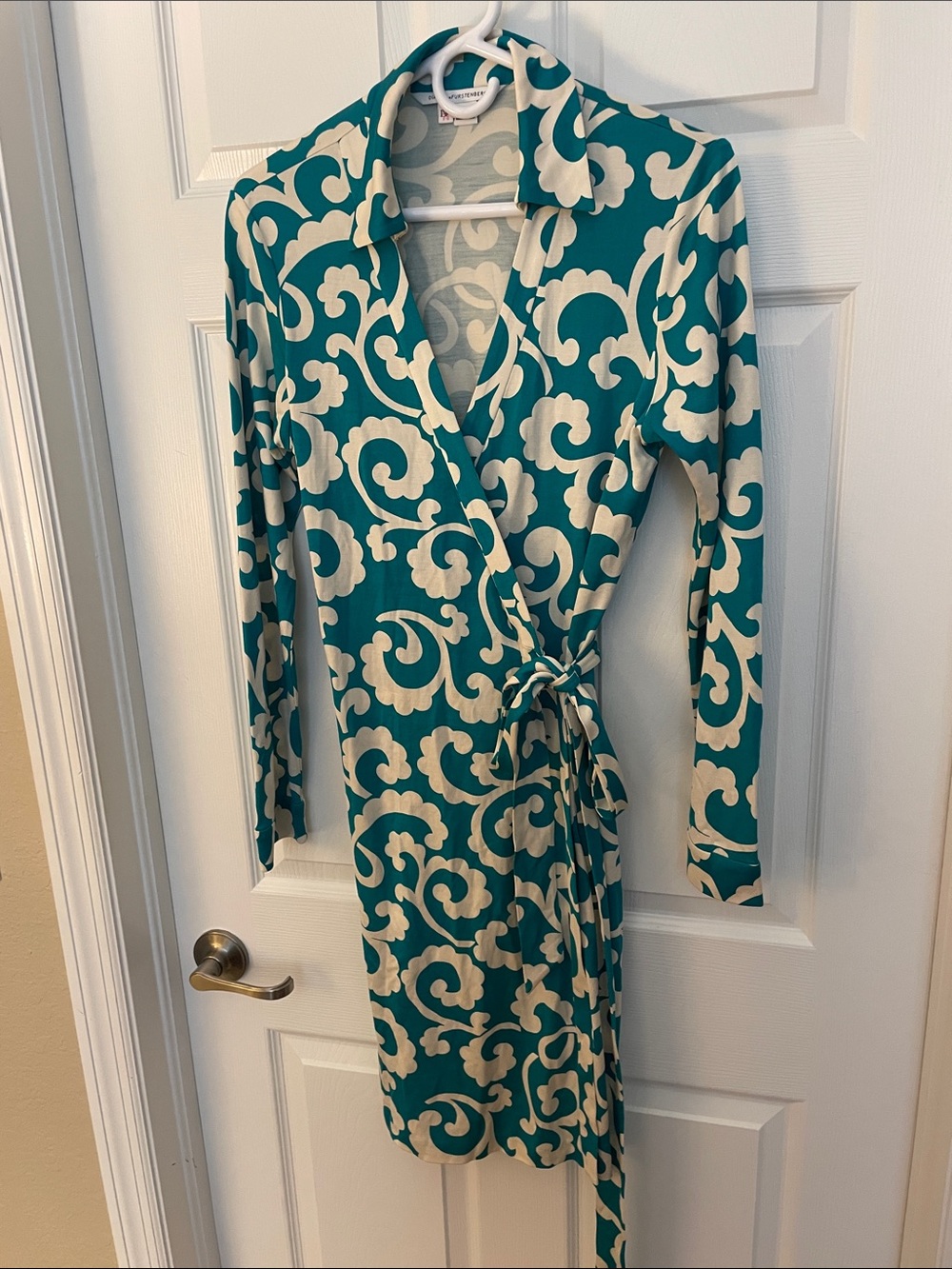 Diane Von Furstenberg Teal and Cream Long-Sleeve Wrap Dress